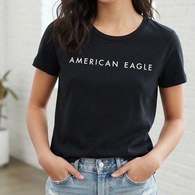 American Eagle Staff Graphic T-Shirt Black Cotton Short Sleeve Women Large