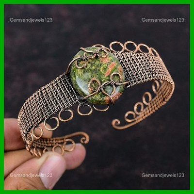Daughters Day Deal Heart Chakra Oval Unakite Gemstone Wire Wrapped Cuff Copper
