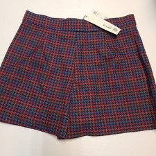 Zara Tweed Texture Plaid Mini Skort Size MEDIUM Marron, Blue, Check 3067/401/060
