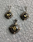 925 Sterling Onyx Set TJM Lavish Gold Flakes Earrings Pendant Necklace Adj Chain — photo 8