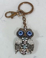 Owl Keychain Key Ring Embellished Rhinestones Jewels Purse Charm Backpack Vtg