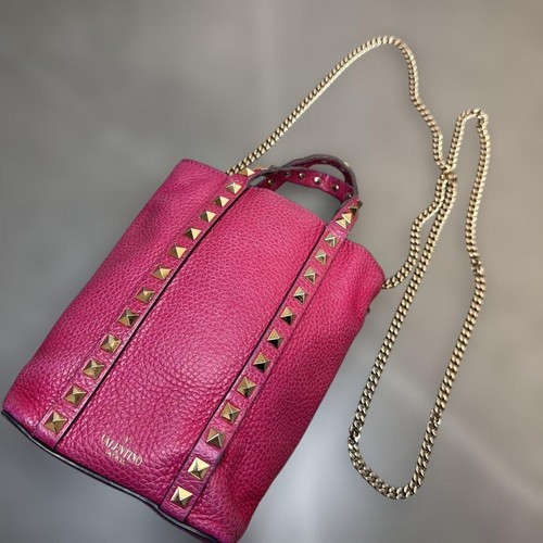 VALENTINO GARAVANI Women Rockstud  2way Shoulder Hand bag Pink Leather Chain