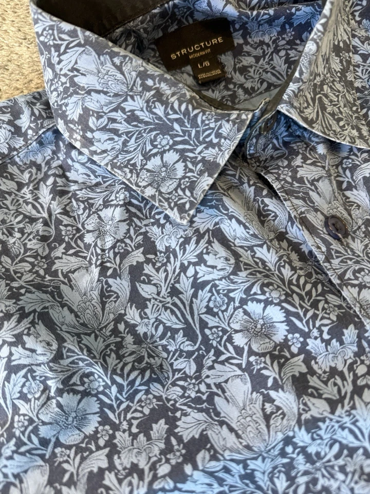 Men's Structure Modern Fit Size L Blue Floral Long Sleeved Dress Shirt - A2000 - Image 3 of 3