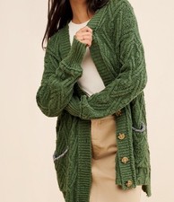 Free People Chunky Knit Cardigan Sweater Aged Pine Sz Small Boho Forest Cottage