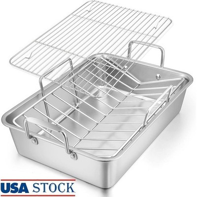Heavy Duty Stainless Steel Roasting Pan W/ V-Shaped Rack Turkey & Meats Large