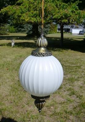 NOS Vtg 60s Bee Line White Ribbed Glass Orb Hanging Light Fixture Ornate  20'' H