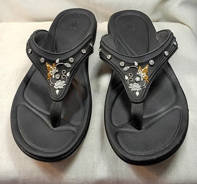 Gold Pigeon Womens Flip Flop Sz 8.5/9 (Euro 40) Black Butterfly Rose Rhinestone 