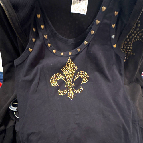 Vocal brand Women’s Black Studded Fleur de Lis Tank Top M Scoop Neck Zip Western