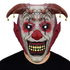 Scary Evil Demon Clown Mask Latex Horned Jester Halloween Costume Cosplay