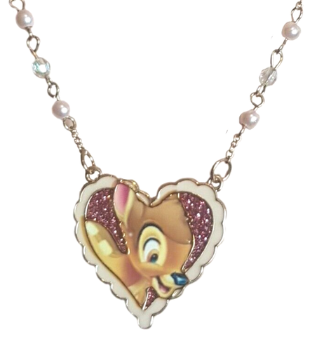 DISNEY Metal HEART PENDANT Necklace BAMBI Fawn Deer PINK Beard Chain - Afbeelding 1 van 11