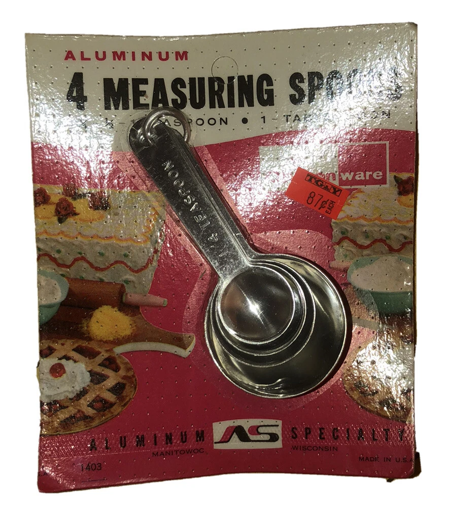 Aluminum Specialty 4 Measuring Spoons 1/4, 1/2 , 1 size TG&Y 1950’s *Sealed*
