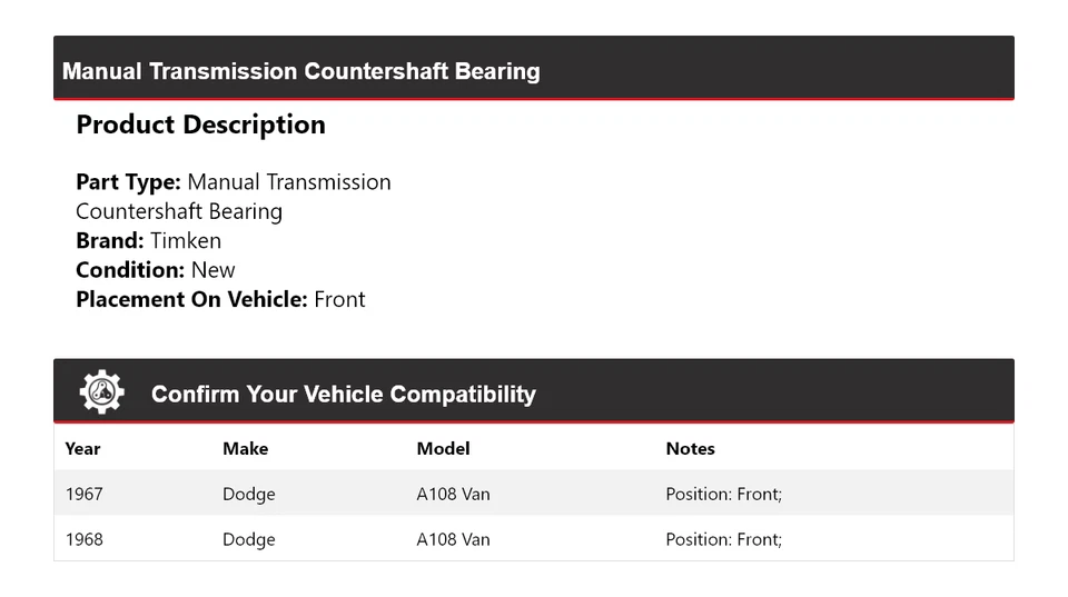 Para 1967-1968 Dodge A108 Van Manual Trans Contraeixo Rolamento Frontal Timken - Imagem 2 de 4