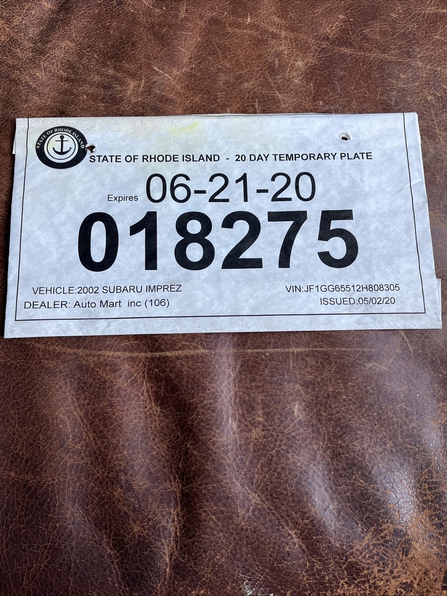 2020 RHODE ISLAND temporary license plate tag Auto Mart 081275