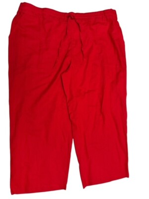 Liz Claiborne XL Capri Pants Women Red Woven Cotton Linen Wide Leg Pull-On Crop