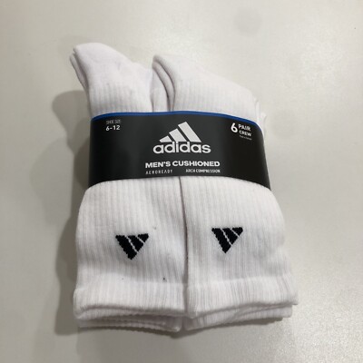 Adidas Men's White Aeroready Cushioned Crew Socks 6-Pairs Size 6-12