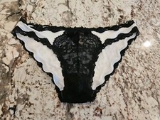True Vintage Victoria Secret Satin Lace Cheeky Bikini Black and White Large