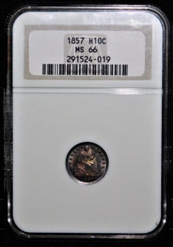 1857 H10C NGC MS 66 Seated Liberty Half Dime Certification # 291524-019 - Afbeelding 1 van 8