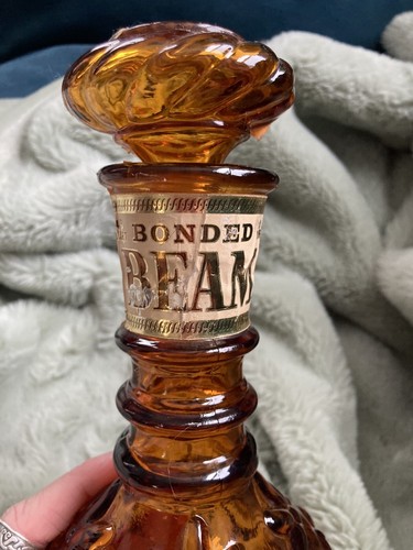 Amber Jim Beam Whiskey Decanter Bottle Brown Glass Vtg 1968 With Label - Picture 3 of 5