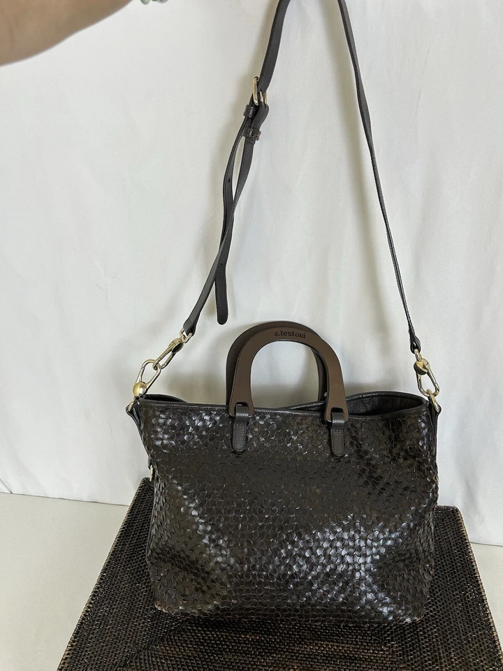 A. Testoni Large Tote Leather Wood Handle Crossbody Brown Women's - Image 2 of 4