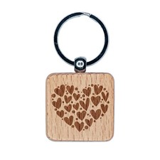Adorable Heart Made of Hearts and Dots Engraved Wood Square Keychain Tag Charm
