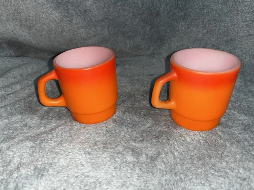 2 Vintage Fire King Stacking Coffee Mugs Cups Orange