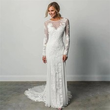 Boho Mermaid Wedding Dresses Scoop Neck Long Sleeves Lace Appliques Bridal Gowns