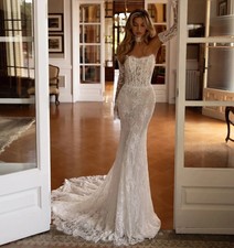 Elegant Mermaid Wedding Dresses Strapless Illussion Train Lace Bridal Gowns