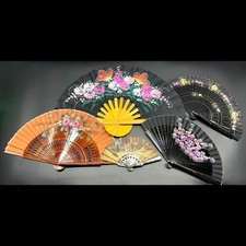 Set of 5 Vintage Folding Fans Hand Painted Printed Variety Floral Spanish Asian