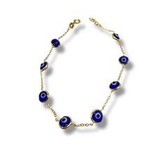 Evil Eye Bracelet For Protection 14K Solid Yellow Gold Blue Glass Beads 7"