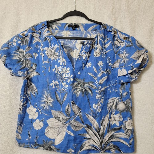 J. CREW Open V-Neck 100% Linen Top Ratti Tropical Print Blue Siz S Office Beach - Picture 1 of 8