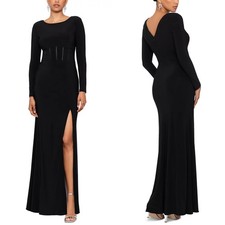 NEW XSCAPE Black Jersey CORSET BODICE Long Sleeve EVENING DRESS Slit GOWN 14
