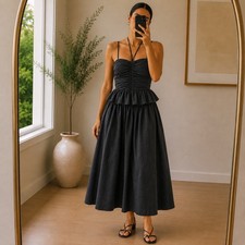 Ulla Johnson Anastasia Black Cotton Linen Ruched Peplum Midi Dress Size 6
