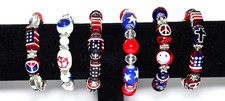 RED WHITE BLUE American Bracelet Lot 6 Glass Beaded Star Flag Stretch Handmade