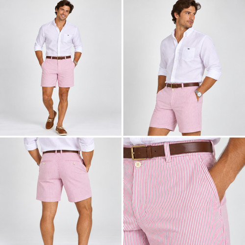 PETER MILLAR Shorts Men's 40 Matlock Seersucker Performance Pink Striped Golf