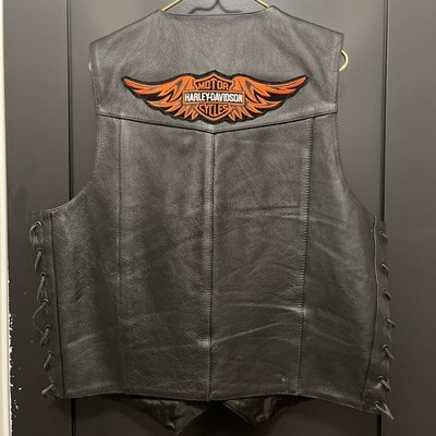 FMC Black Leather Vest Harley Davidson Patch Mens SZ 46 Biker Moto Snap Front