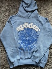 sp5der Blue Cotton Fleece Pullover Hoodie with Spider Web Graphic Print