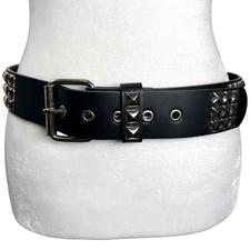 Unisex Black Faux Leather 3 Row Studded Belt Silver Tone Buckle Punk Goth Grunge
