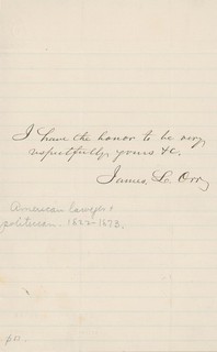 James L. Orr Speaker of the House & Governor of South Carolina ALS