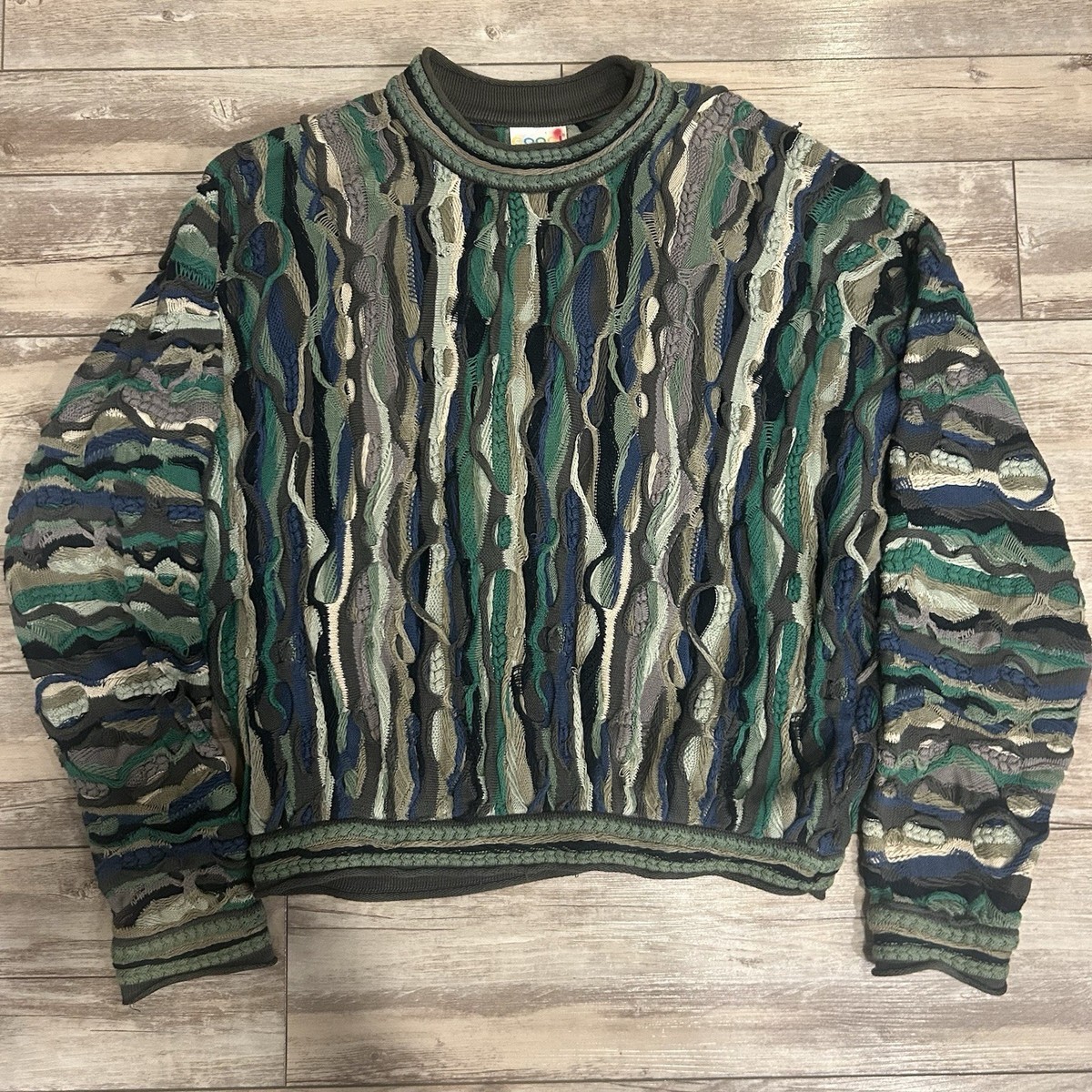 COOGI Sweater Men's XL Green Brown Camouflage Vintage Multicolor 3D Crewneck