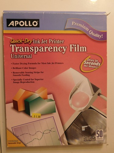 Apollo Transparency Film for Inkjet Printers, Universal, Quick Dry, 44 Sheets