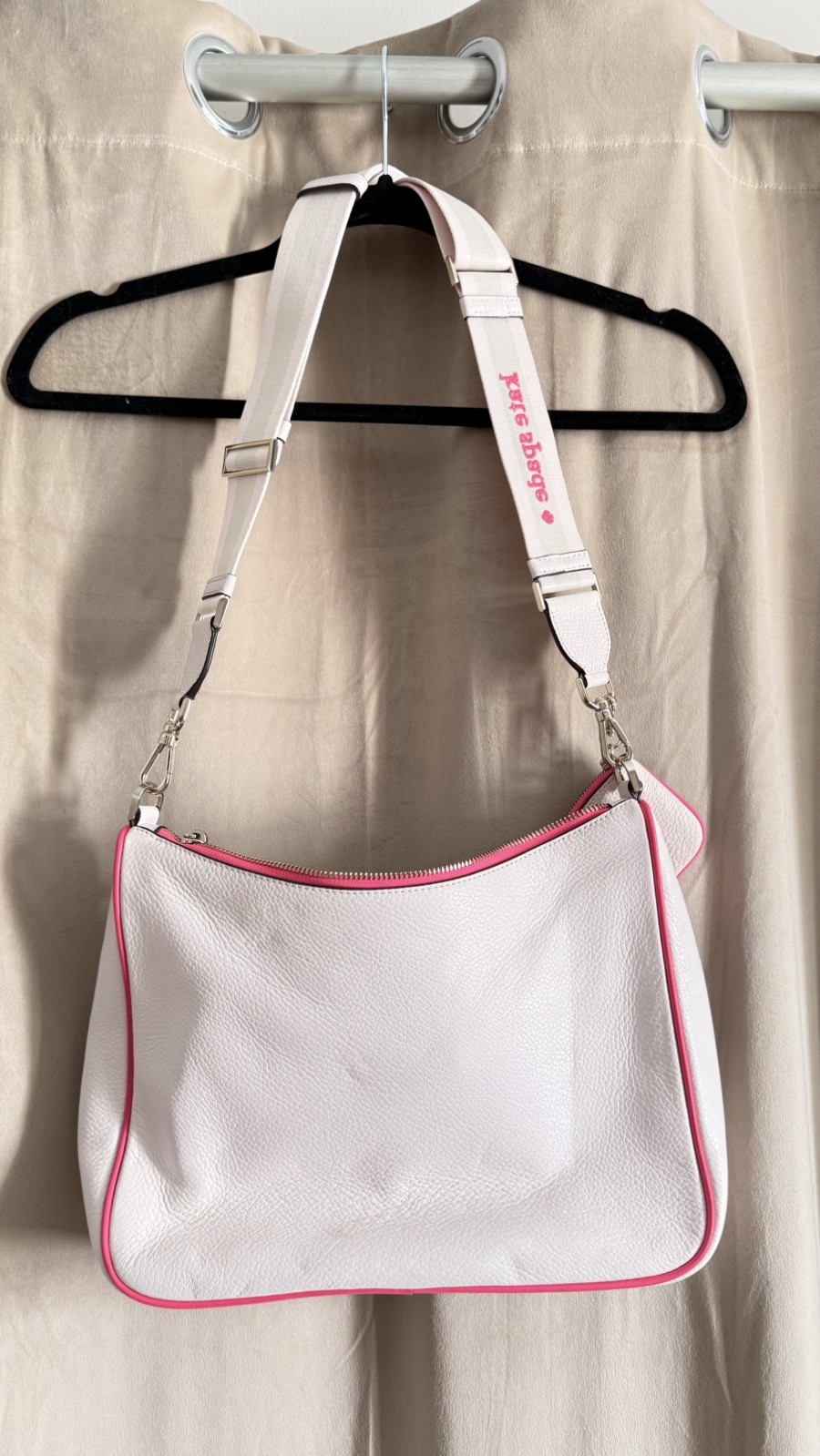 NWOT-Kate Spade Emma large Crossbody Pebble Leather cream w/hot pink trim.  thumbnail 7