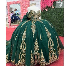 Green Quinceanera Dresses Beading Gold Lace Applique Party Sweet 16 Ball Gown