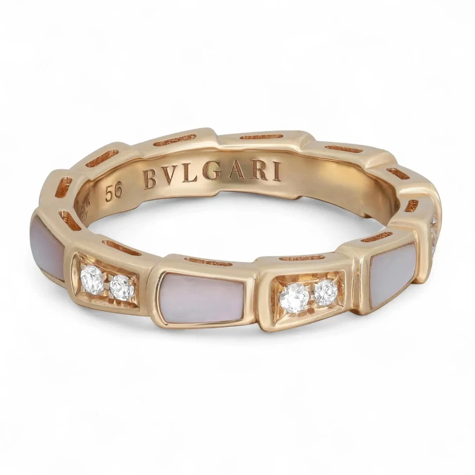 Bvlgari MOP & Diamond Serpenti Viper Ring 0.21Ctw 18K Yellow Gold Size 56