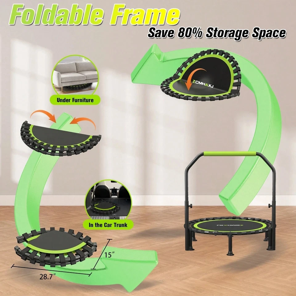 40" Foldable Mini Trampoline Rebounder w/ Adjustable Bar 450lbs Indoor Fitness - Image 3 of 4
