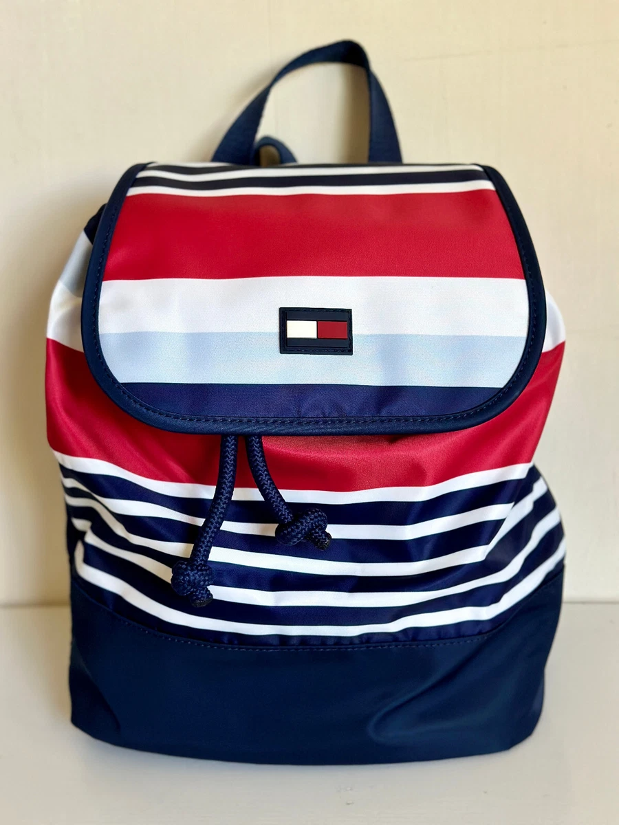 TOMMY HILFIGER BLUE RED WHITE STRIPES DRAWSTRING BACKPACK BAG