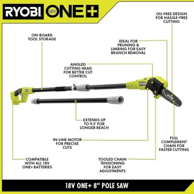 RYOBI 18V Pole Saw 8 in Handheld Cordless Oil-Free Garden Trimmer