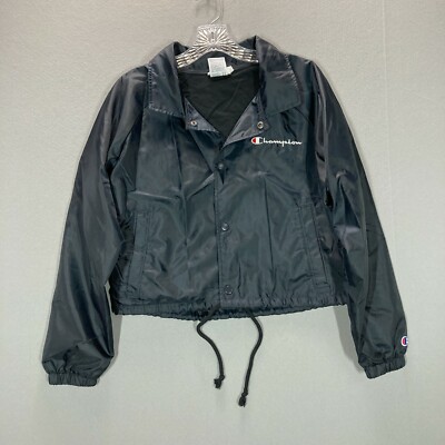 Champion Script Womens S Cropped Wind Breaker Jacket Black Snap Double  Sided