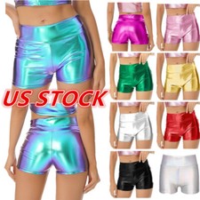 Womens Shiny Rave Dance Booty Shorts High Waist Metallic Hot Dance Bottoms