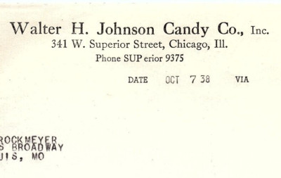 1938 WALTER H. JOHNSON CANDY CO. CHICAGO ILLINOIS SALES INVOICE BILLHEAD Z6431