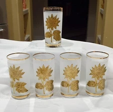 Set of 5 VTG 80s BOHEMIA CRYSTALEX Sunflower Gold Enameled Frosted Glasses